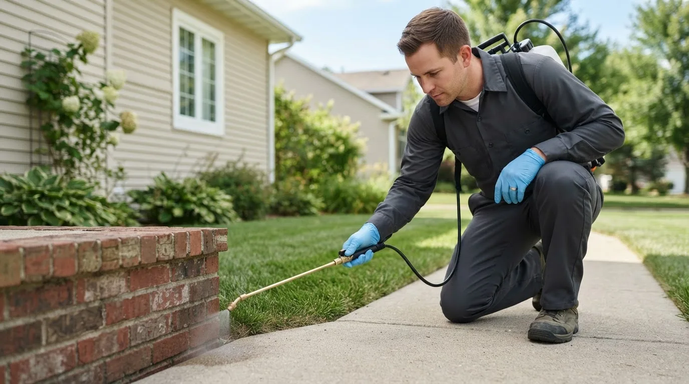 Pest control technician treating a home near Sacred Heart, MN
