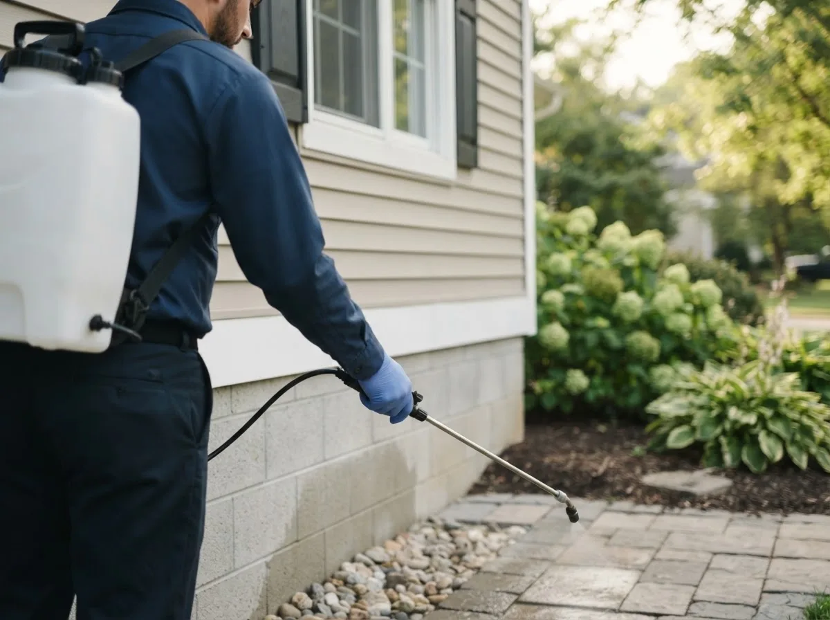 Pest control technician inspecting a home in Sacred Heart, MN
